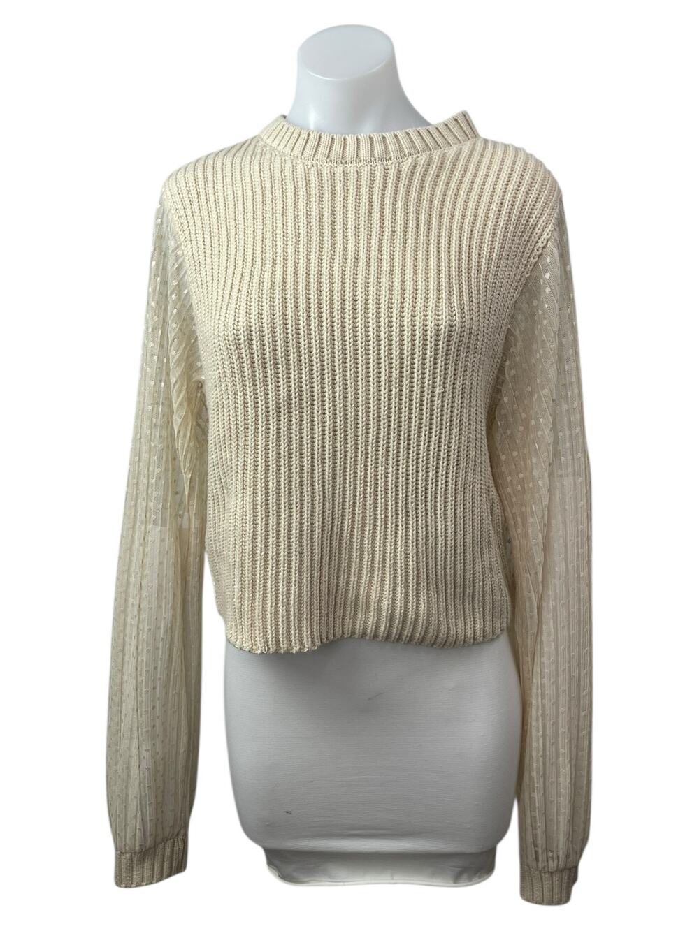 Zara Womens Beige Cable Knit Sheer Polka Dot Long Sleeve Crew Neck Sweater Top L